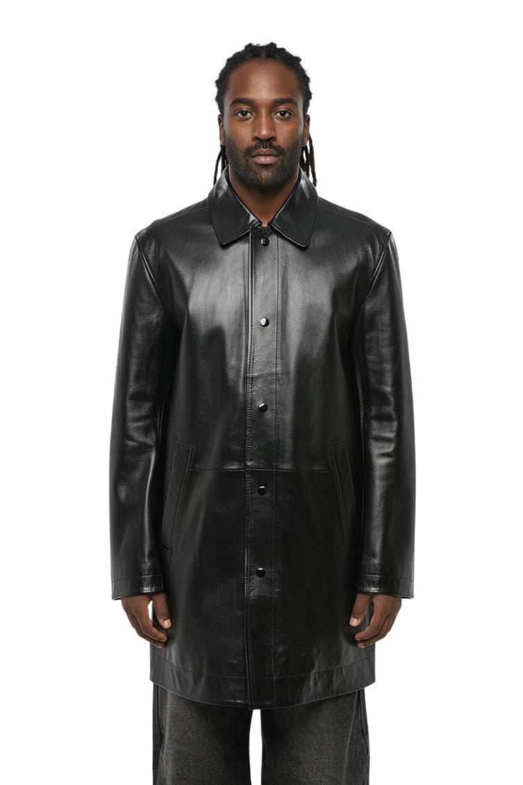Black Solid Leather Coat 1