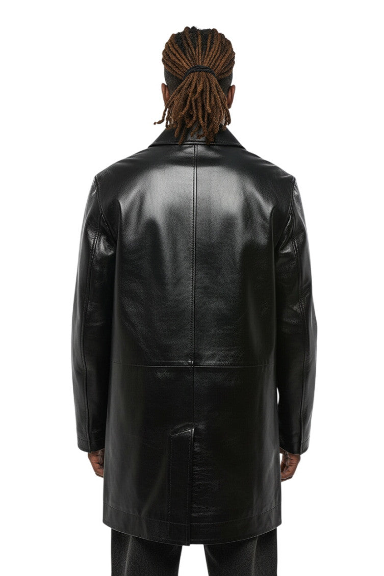 Black Solid Leather Coat 2