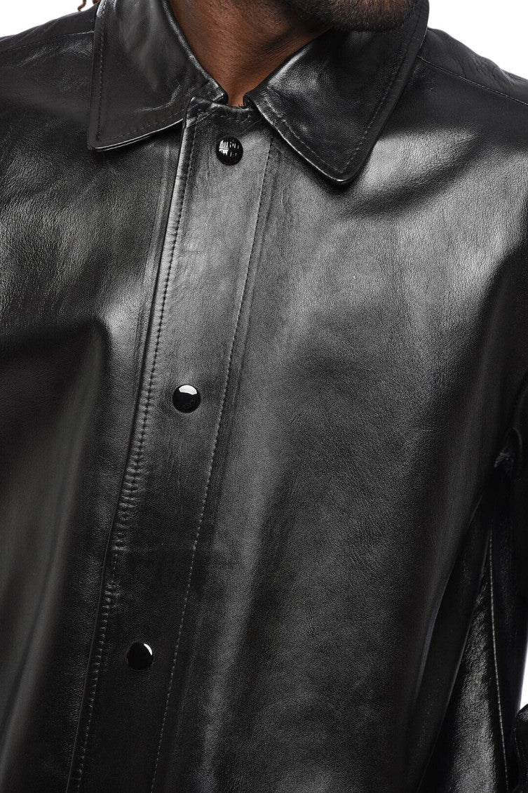 Black Solid Leather Coat 3