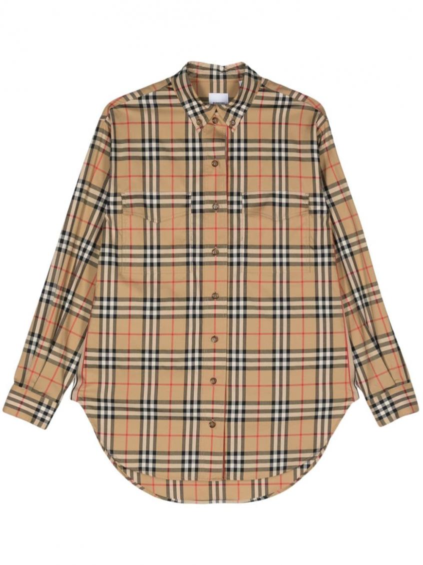 Beige Check Motif Cotton Shirt 2