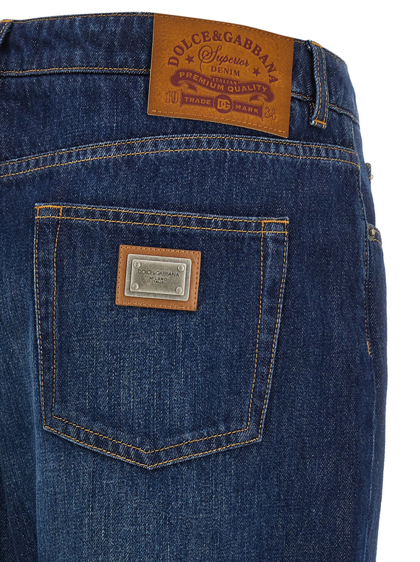 Blue Stretched pleated trompe l'oeil jeans 4