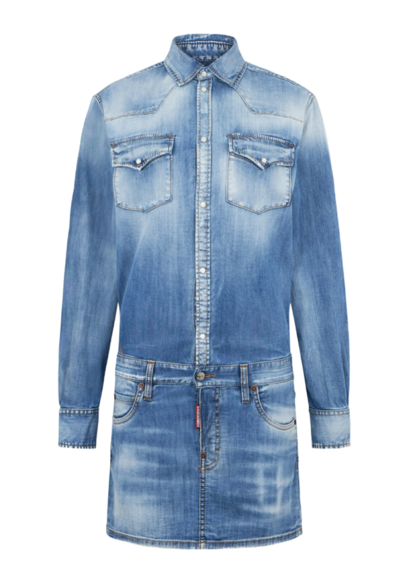 Blue Shirt Collar Denim Mini Dress 1