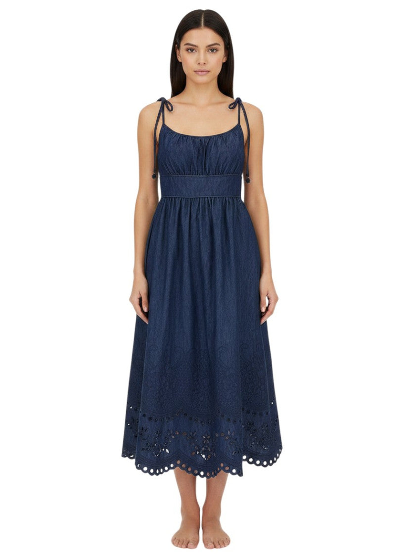 Blue Embroidered Scoop Neck Midi Dress 1