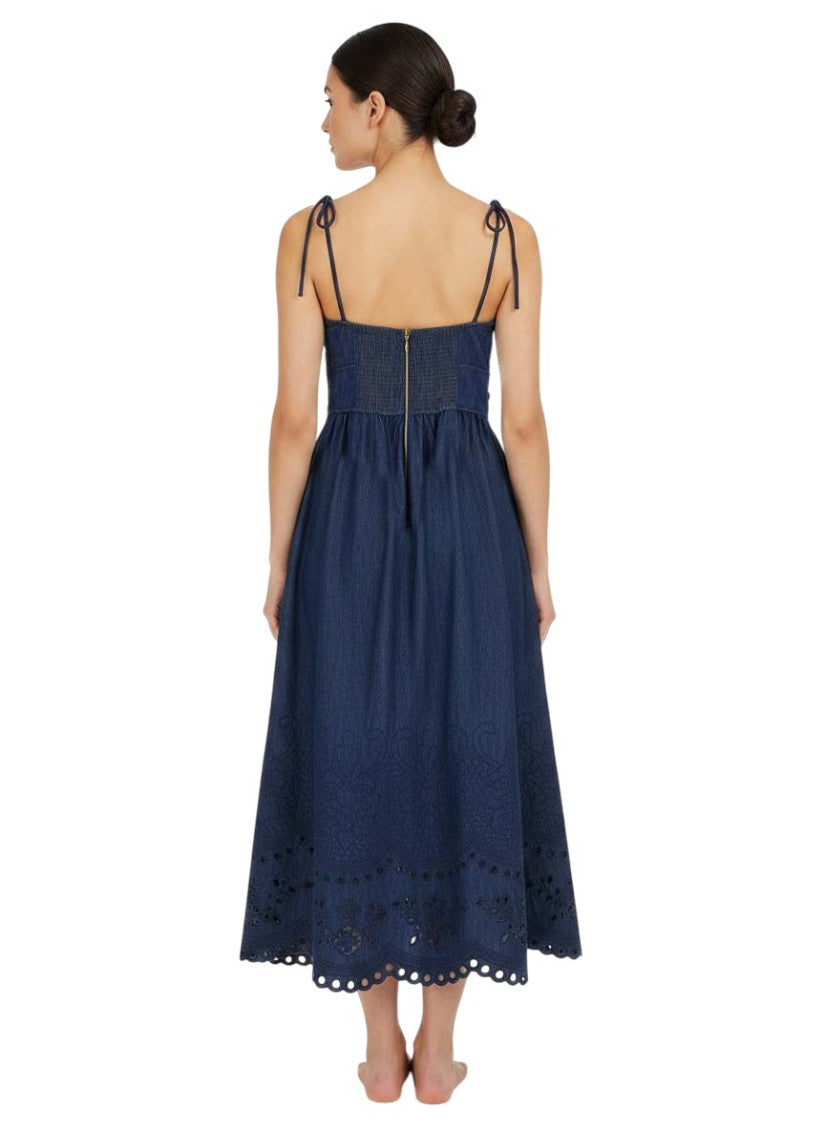 Blue Embroidered Scoop Neck Midi Dress 2