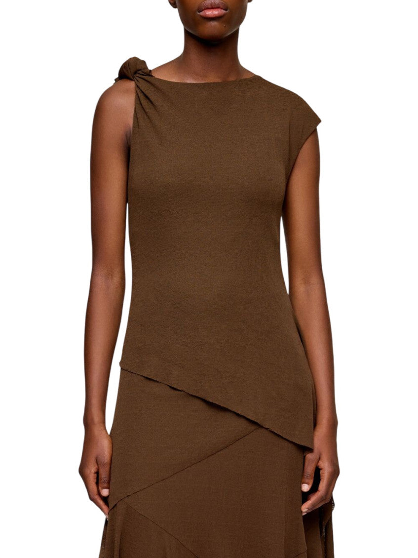 Brown Solid Round Neck Midi Dress 2