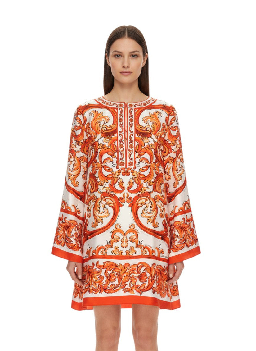 Orange Printed Round Neck Mini Dress 3