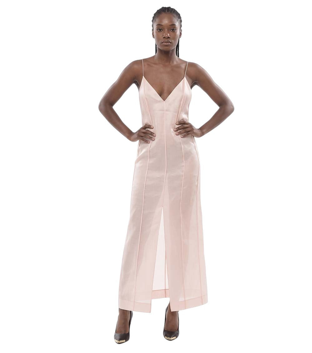 Light Pink Solid V Neck Maxi Dress 1