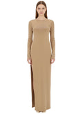 Beige Solid Round Neck Maxi Dress 1