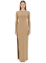 Beige Solid Round Neck Maxi Dress 1