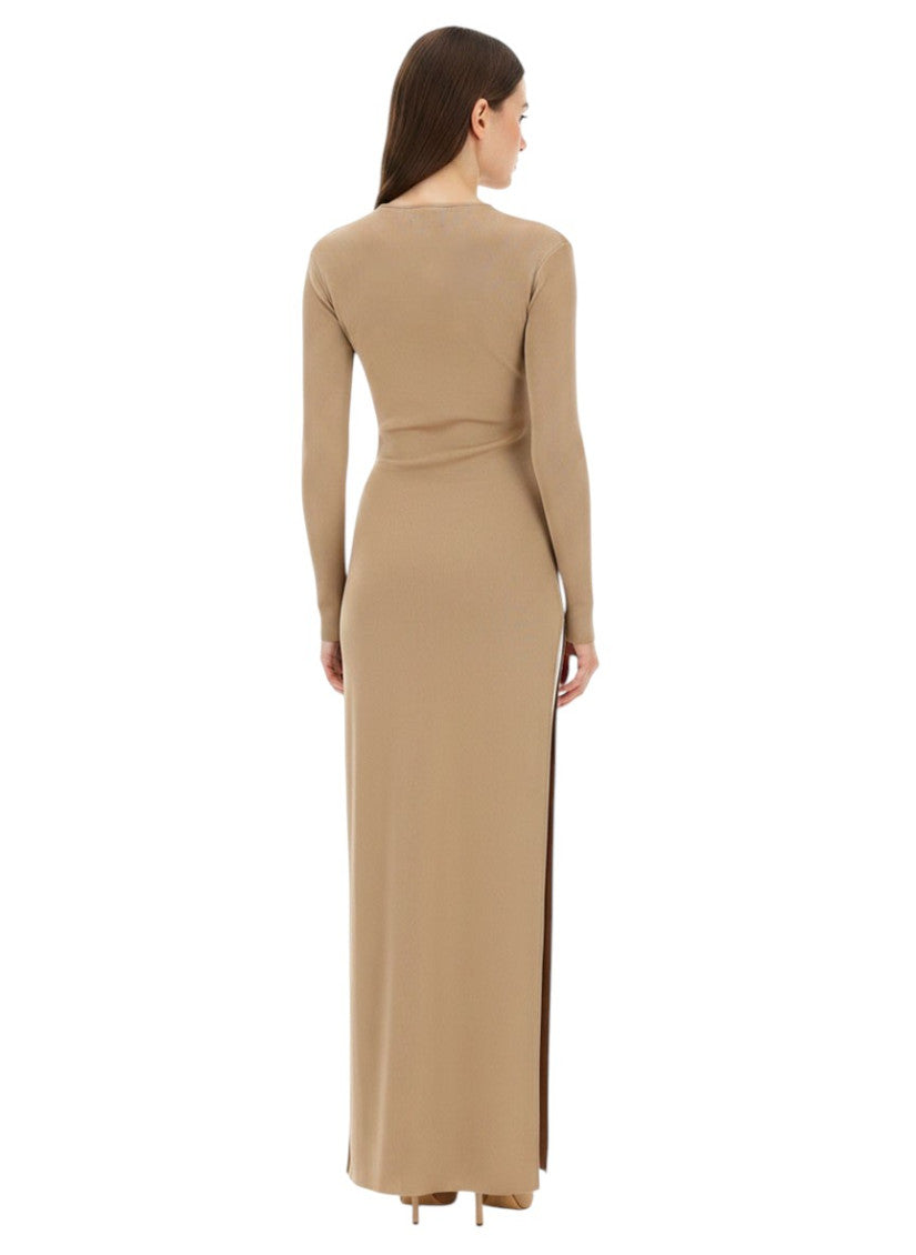 Beige Solid Round Neck Maxi Dress 2