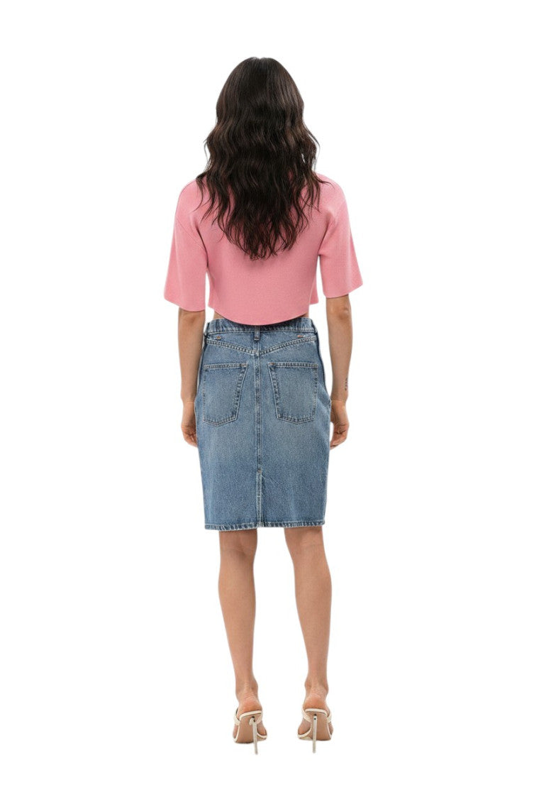 Blue Solid Knee Length Skirt 2