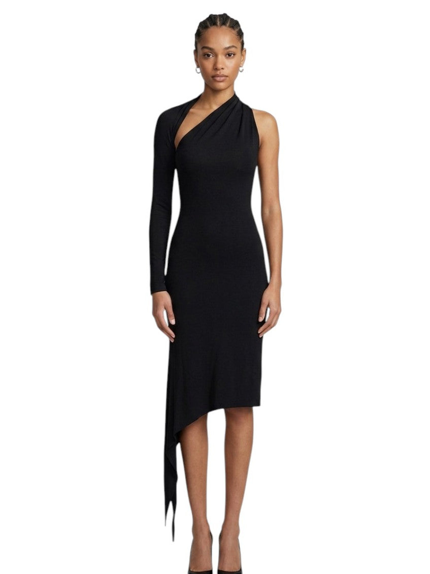 Black Solid One Shoulder Midi Dress 1