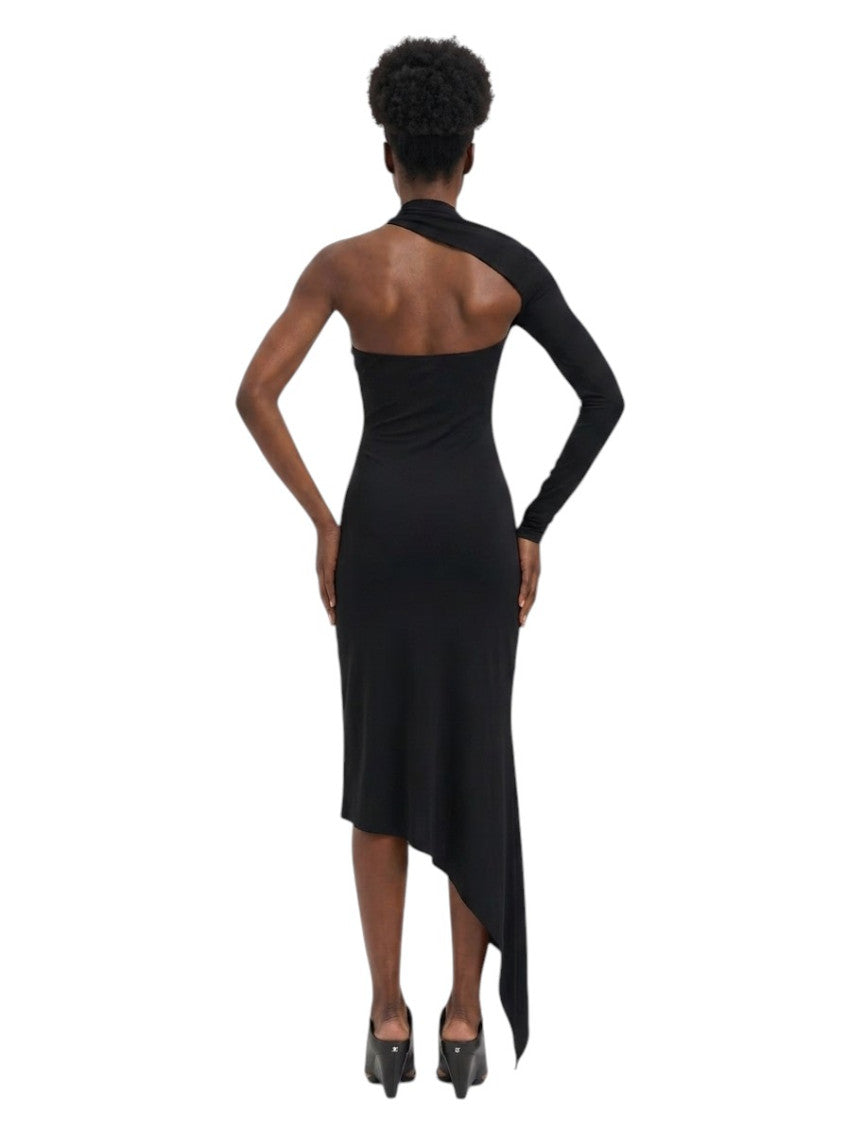 Black Solid One Shoulder Midi Dress 2