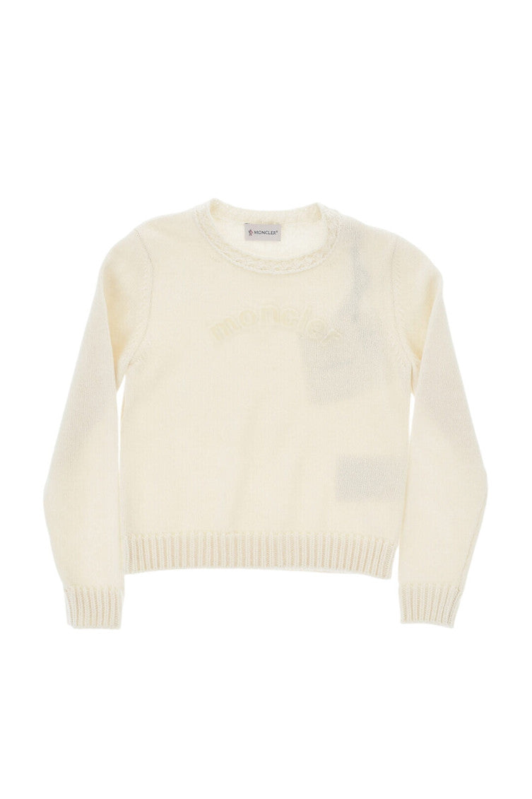 Girls White Wool Crewneck Sweater 1