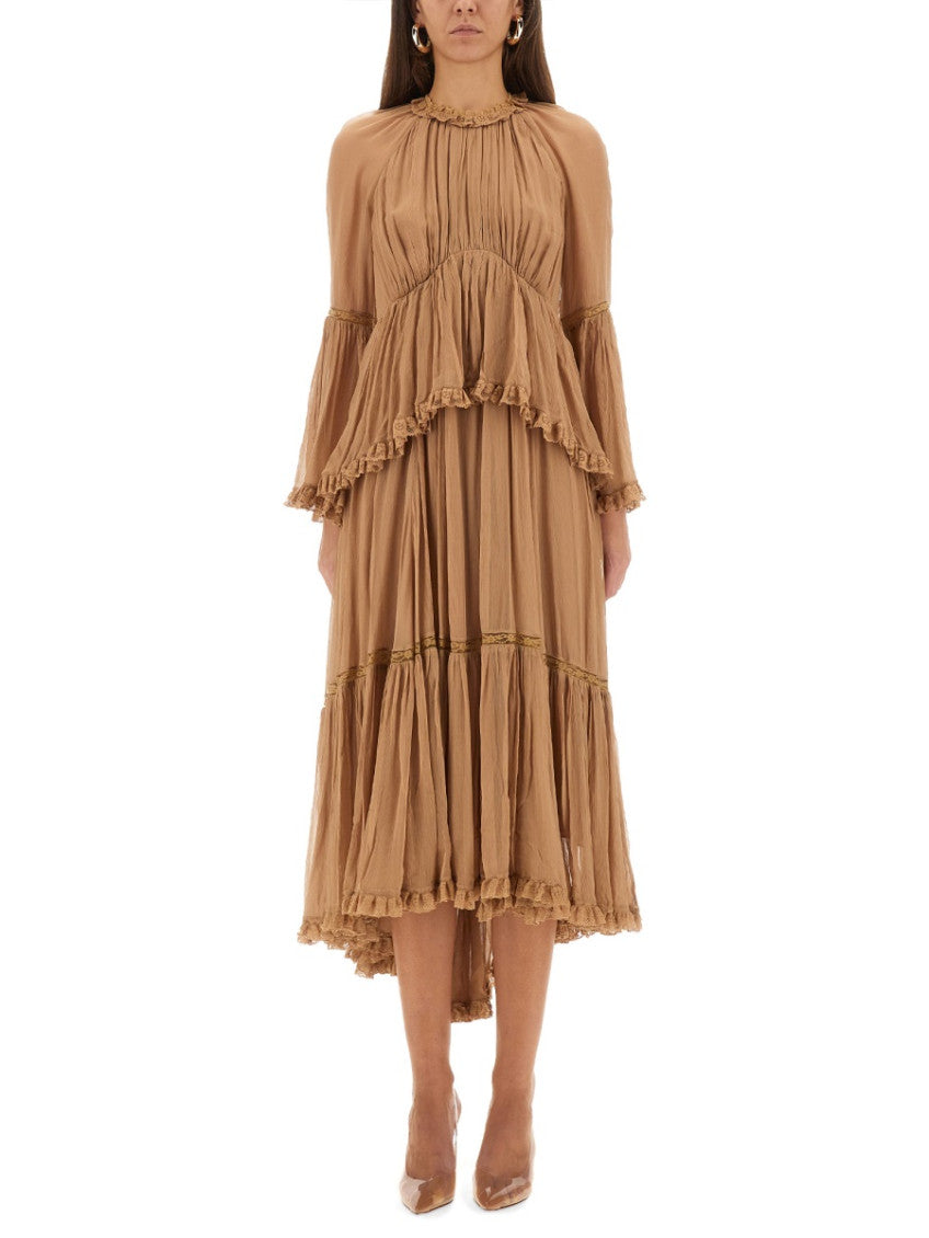 Beige Round Neck Midi Dress 1