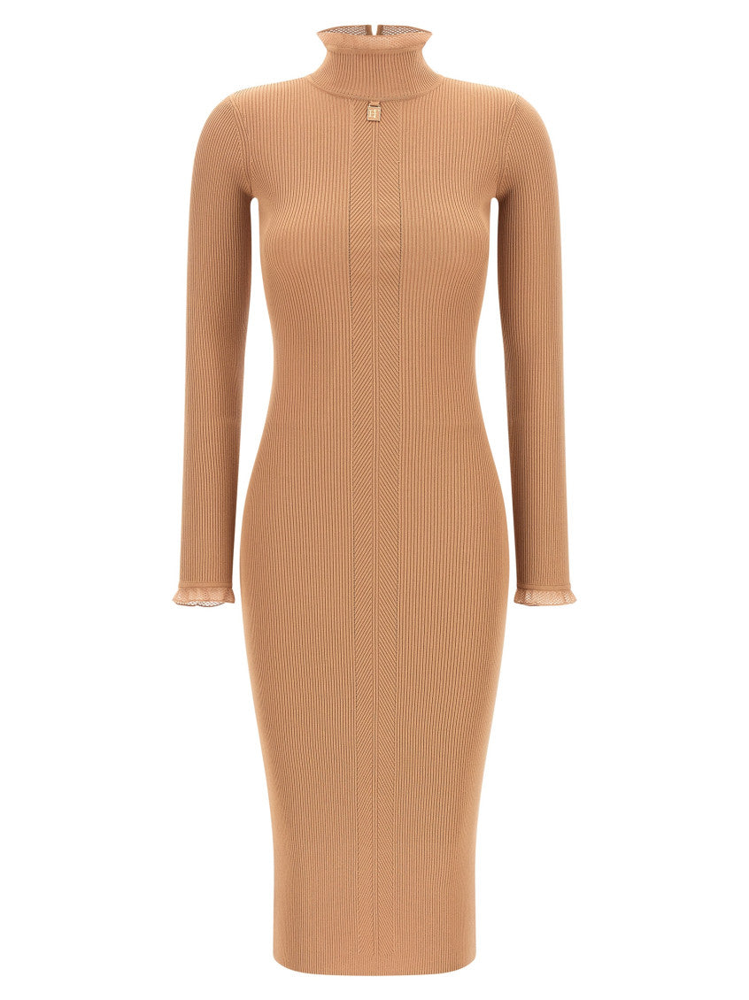 Beige Textured Mock Collar Midi Dress 1