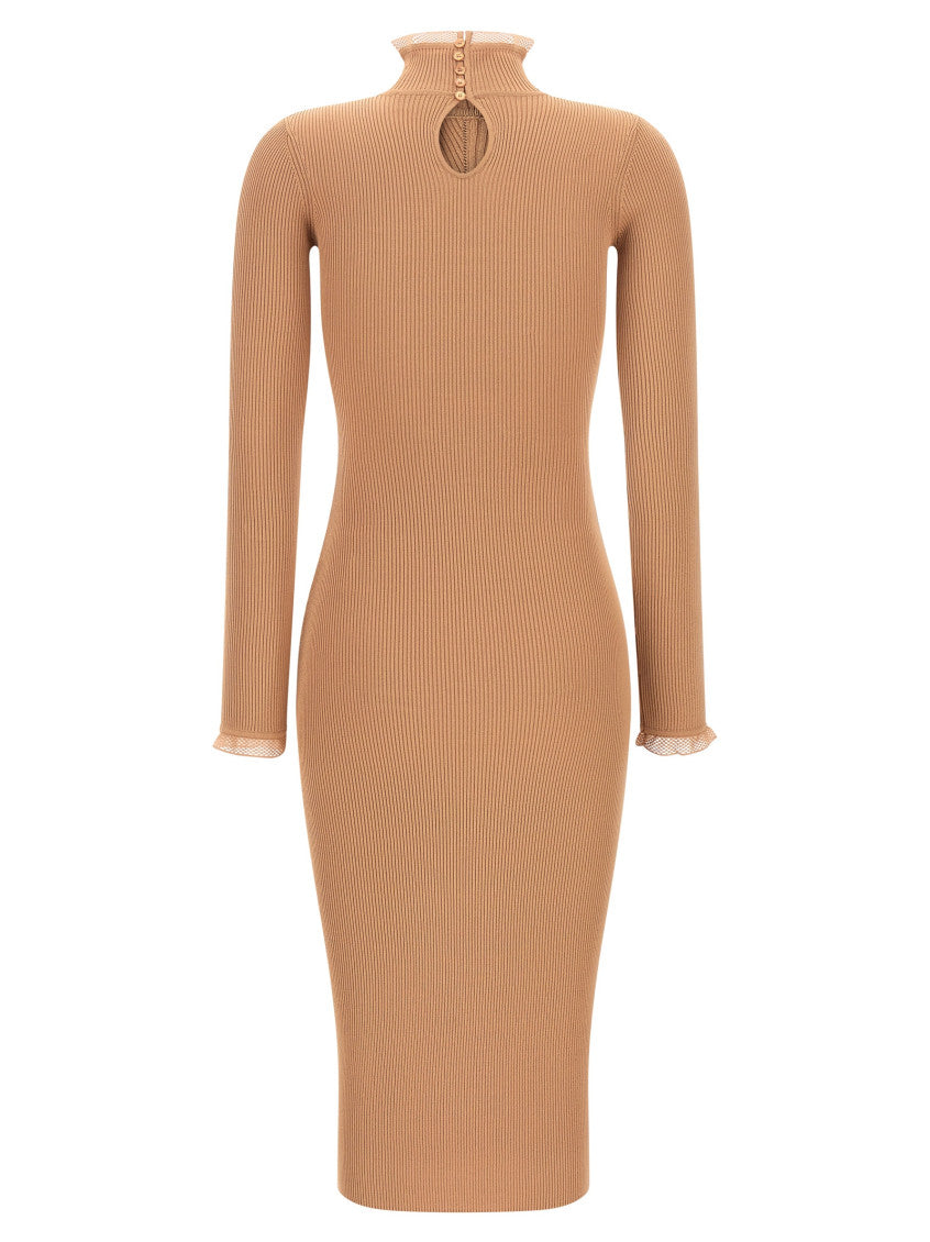 Beige Textured Mock Collar Midi Dress 2