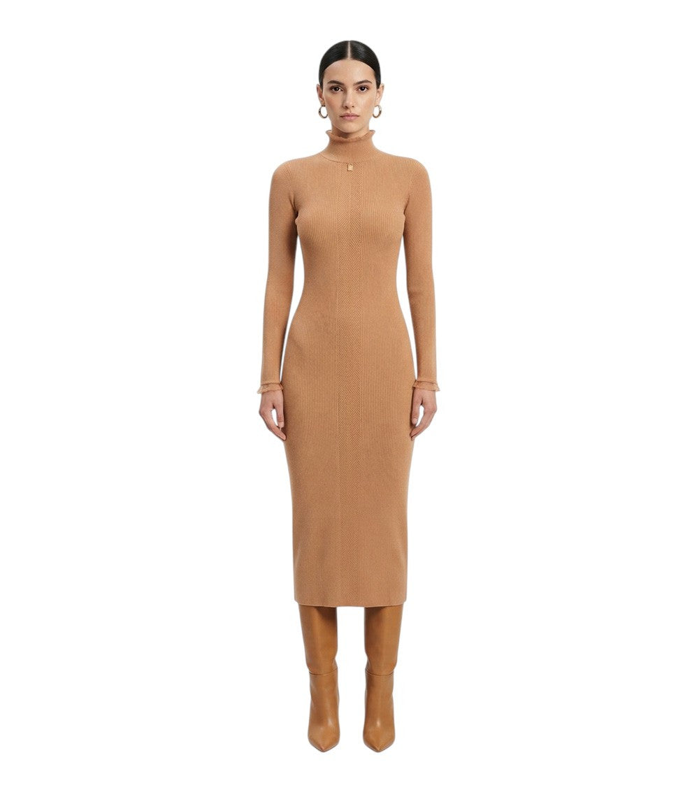 Beige Textured Mock Collar Midi Dress 3