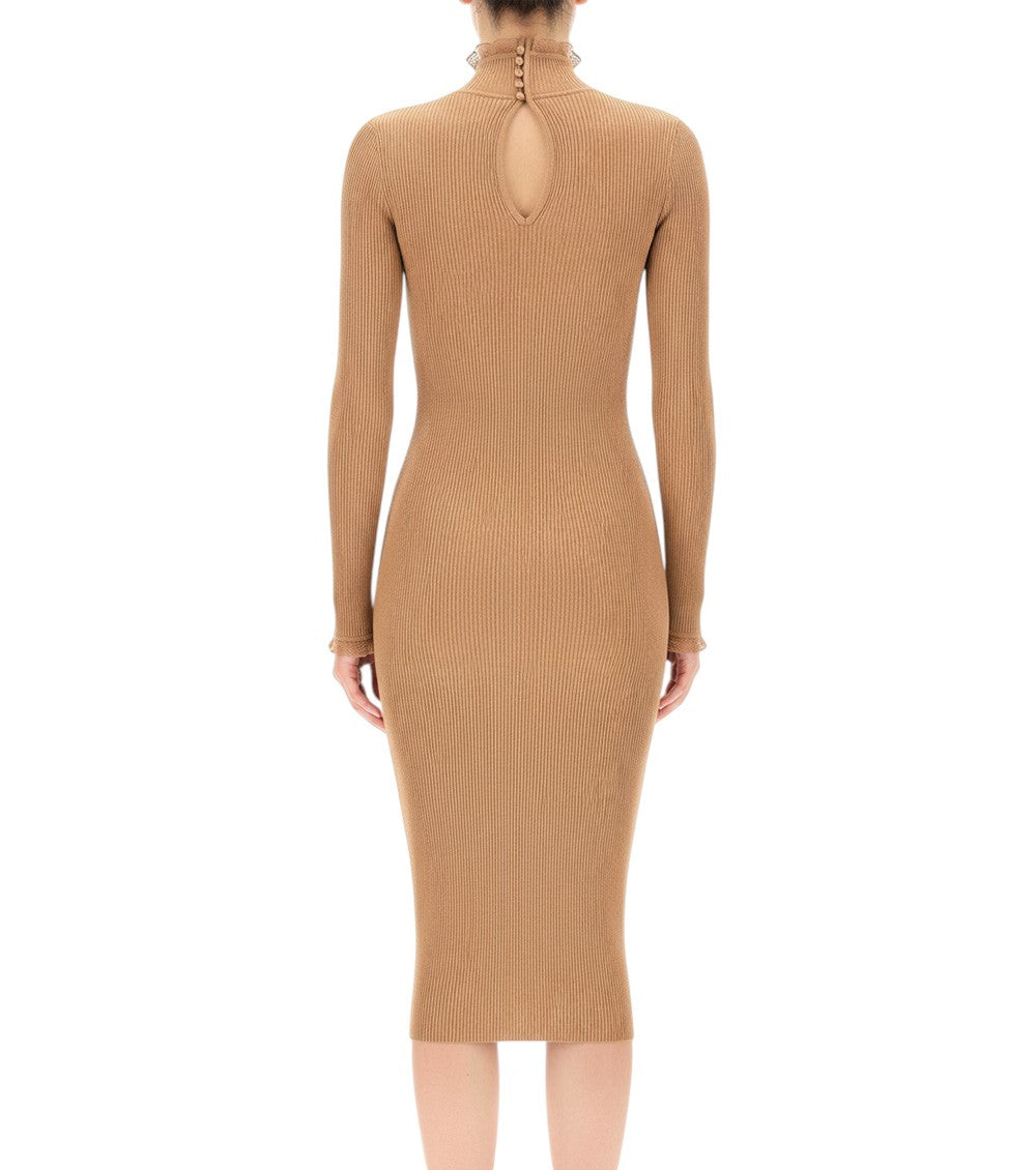 Beige Textured Mock Collar Midi Dress 4