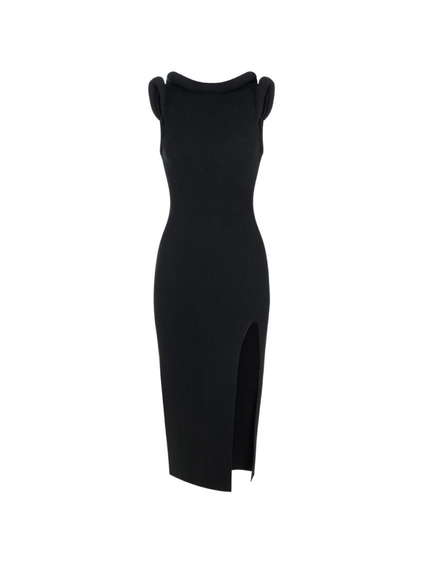 Black Textured Crew Neck Midi Dress 1