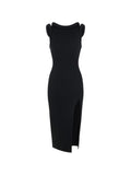 Black Textured Crew Neck Midi Dress 1