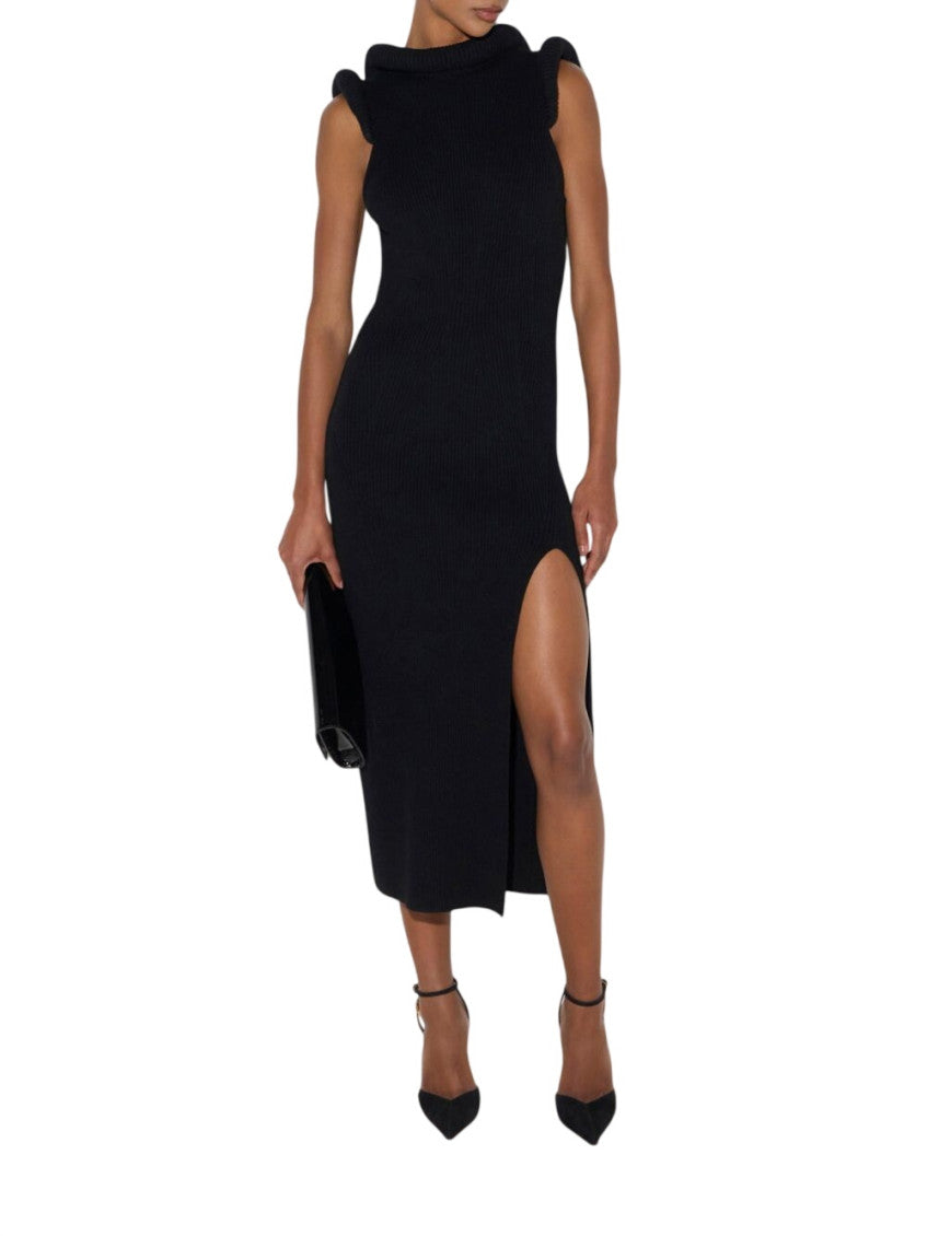 Black Textured Crew Neck Midi Dress 2