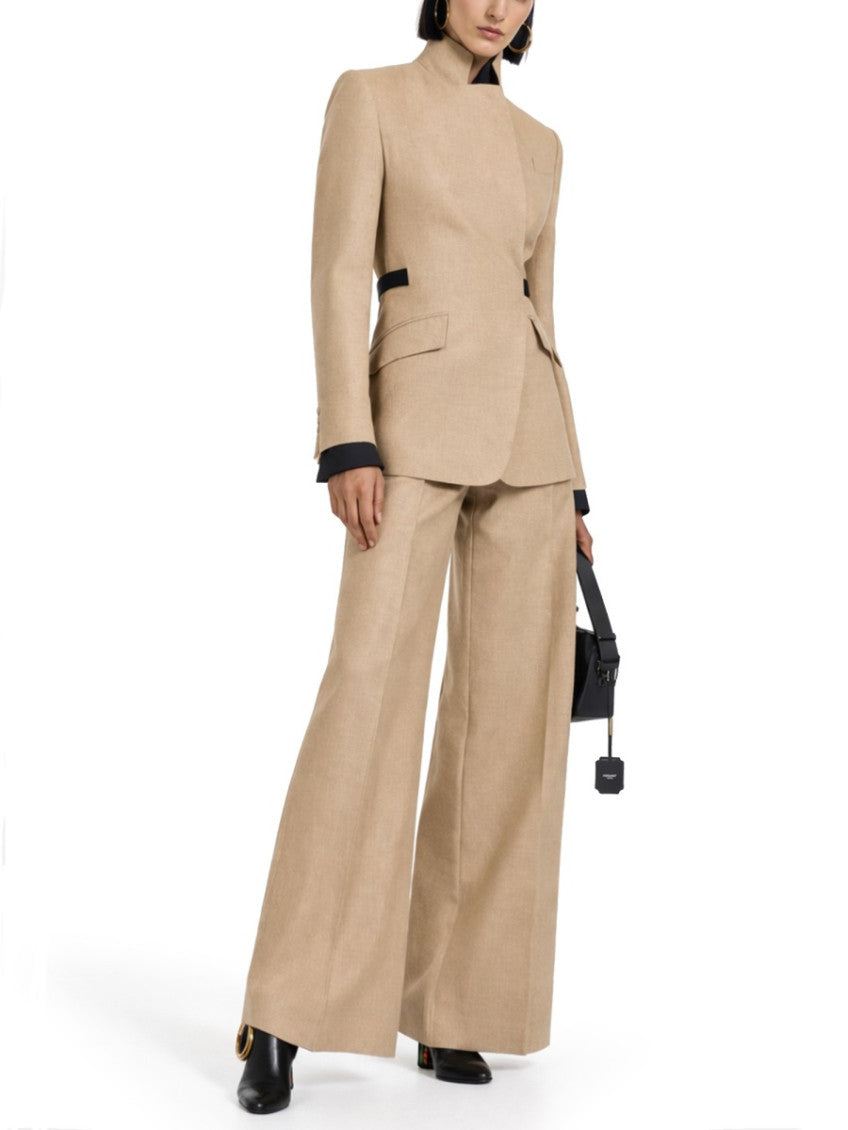 Beige Flared Flat Front Pants 3