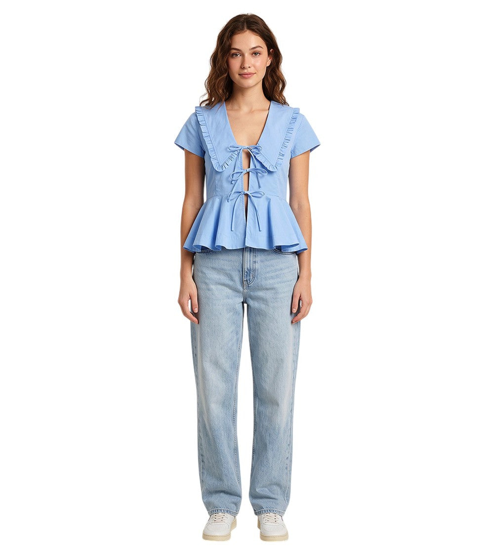 Blue Solid V Neck Top 1