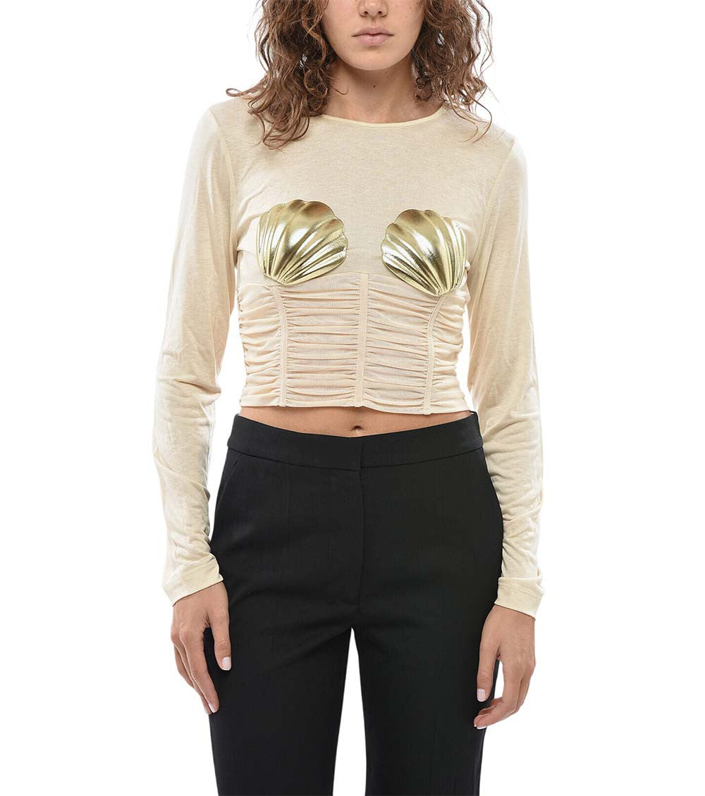 Beige Embellished Crew Neck Top 1