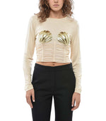 Beige Embellished Crew Neck Top 1