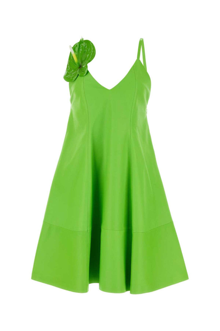 Green Anthurium Paneled Leather Minidress 1
