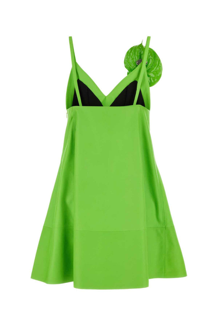 Green Anthurium Paneled Leather Minidress 2