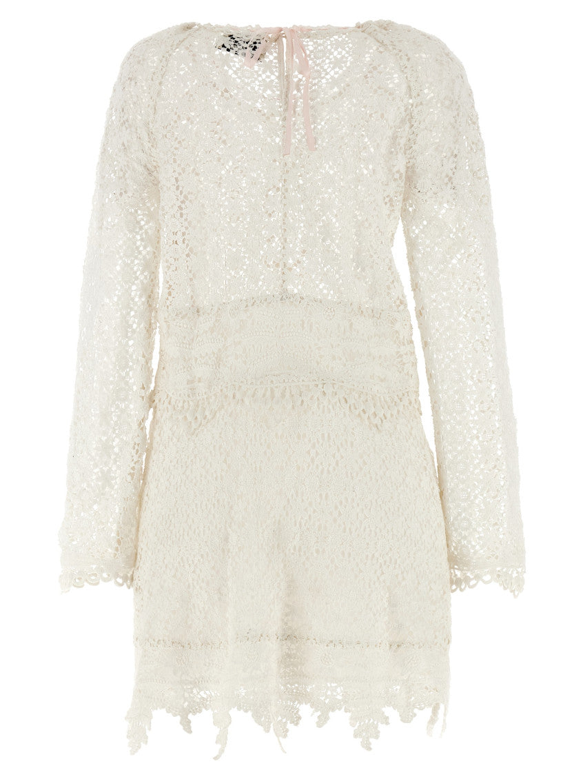 White Crew Neck Lace Pattern Mini Dress 2