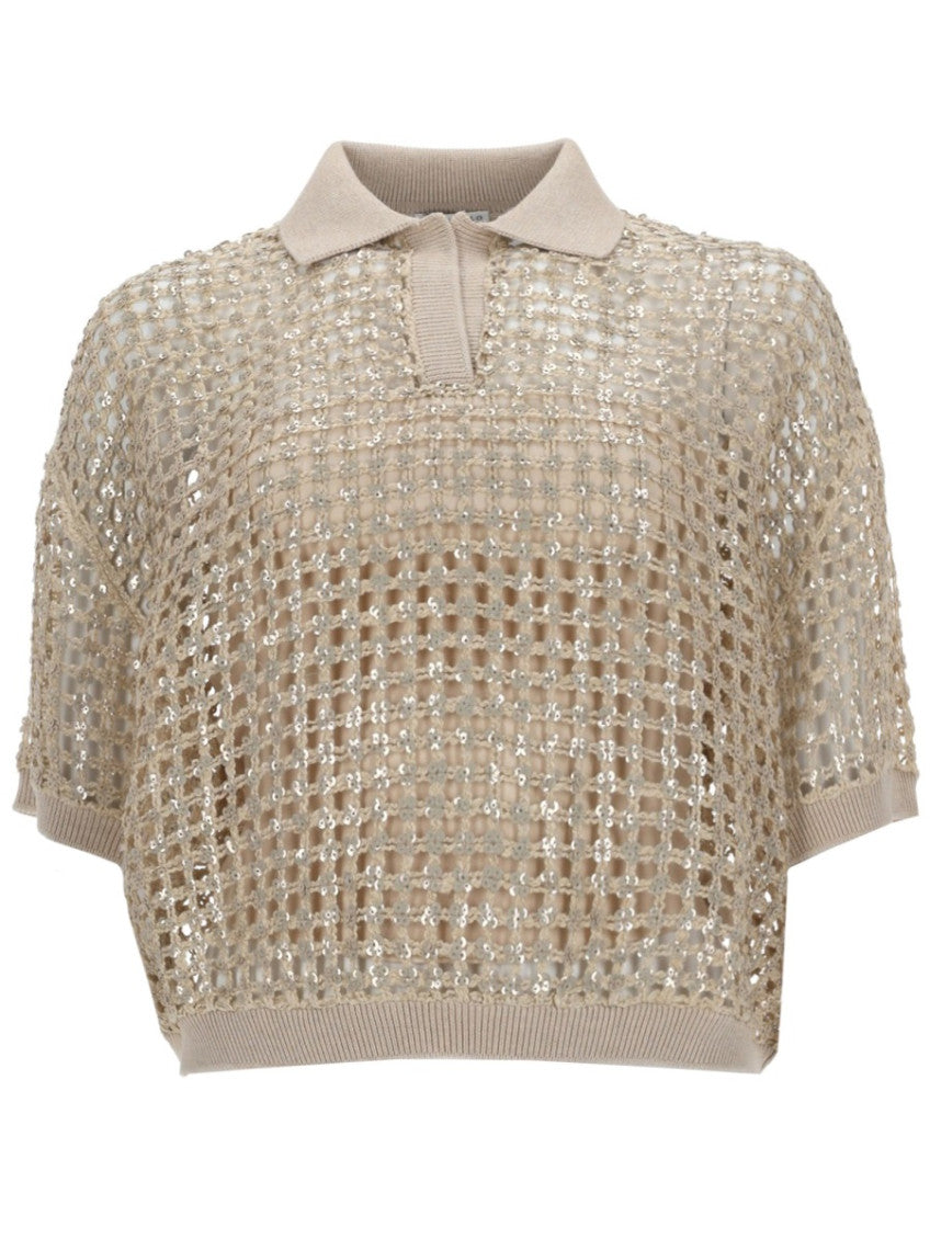 Beige Embellished Shirt Collar Polo 1