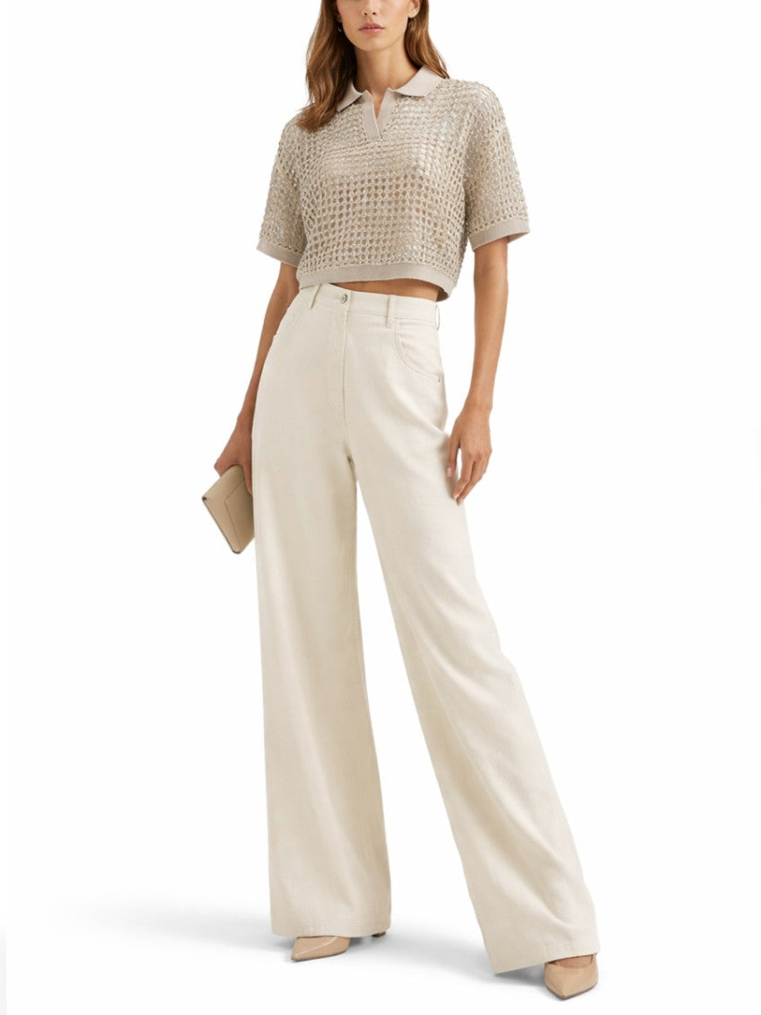 Beige Embellished Shirt Collar Polo 3