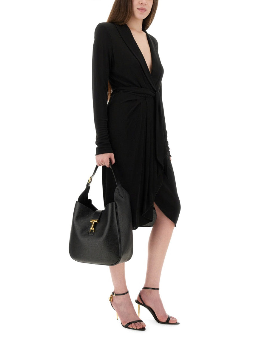 Black Shawl Neck Knee Length Dress 2