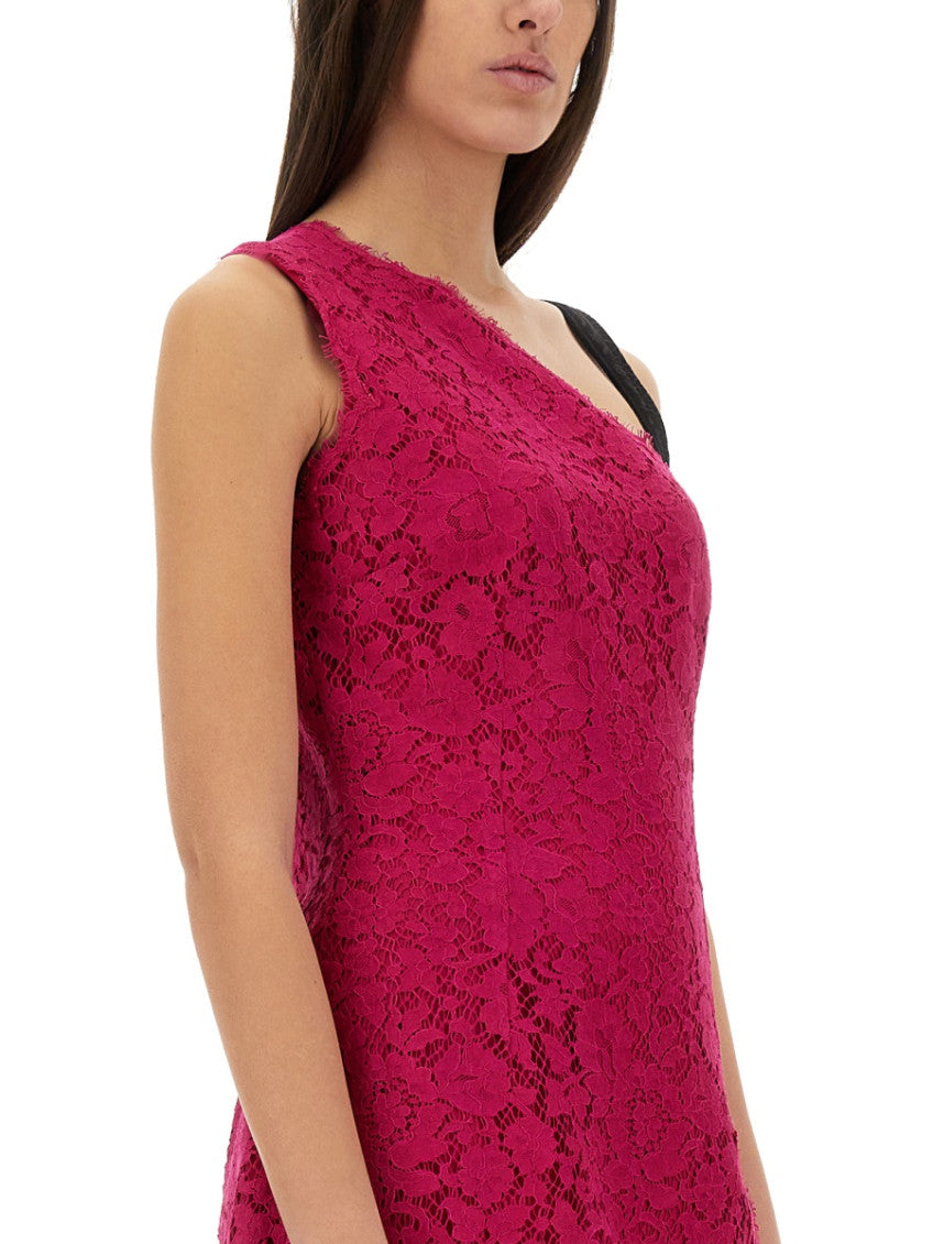 Fuchsia Lace One Shoulder Mini Dress 4