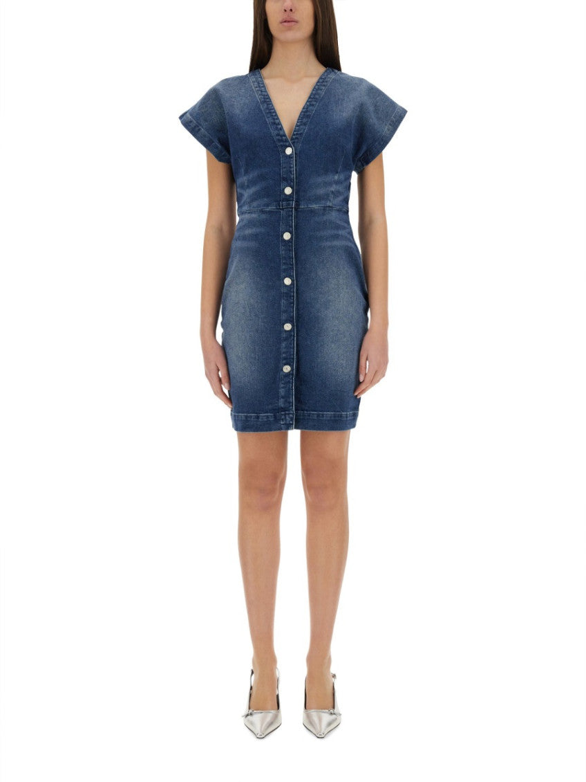 Denim Solid V Neck Mini Dress 1