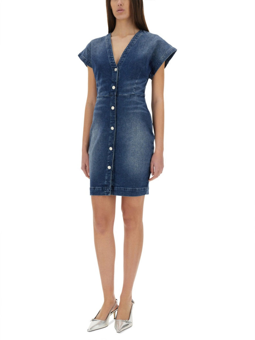 Denim Solid V Neck Mini Dress 4