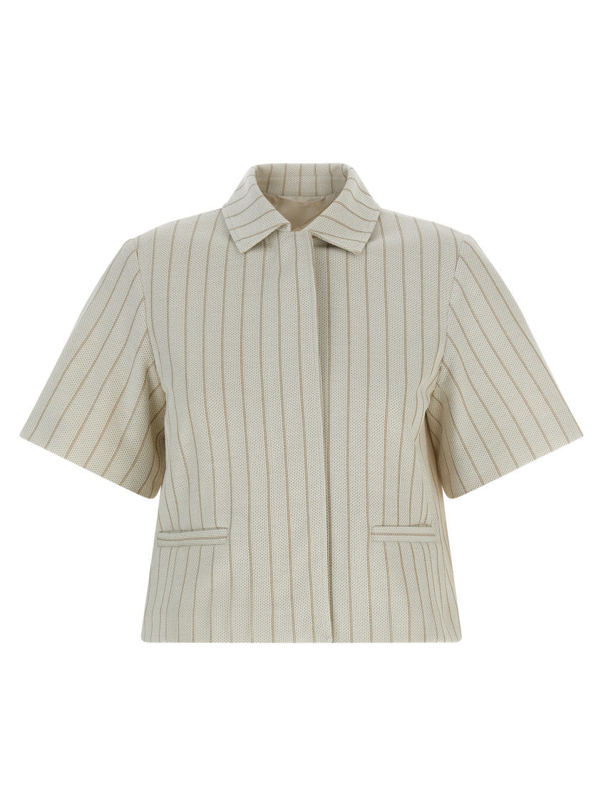 Beige Stripes Shirt Collar Jacket 1