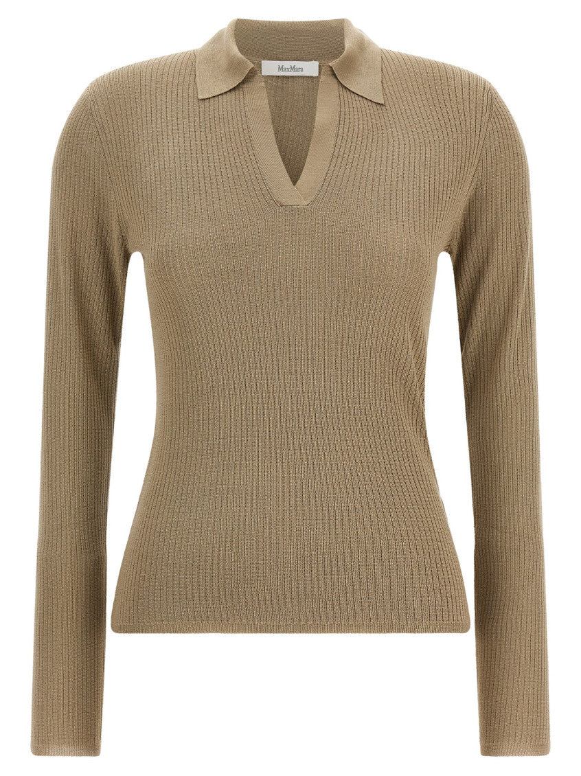 Beige Knitted Shirt Collar Sweater 1