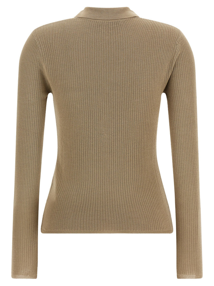 Beige Knitted Shirt Collar Sweater 2