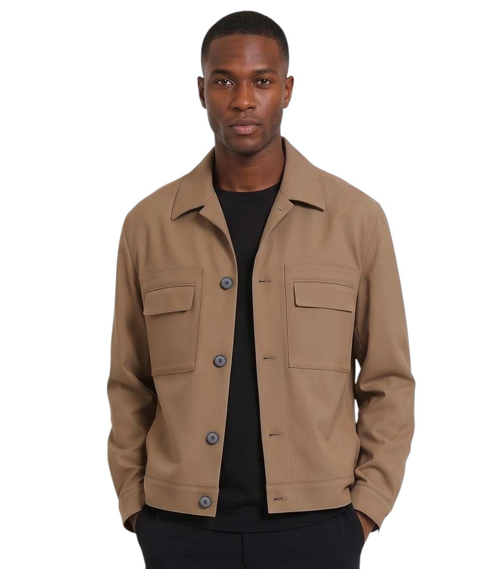 Beige Solid Shirt Collar Jacket 1
