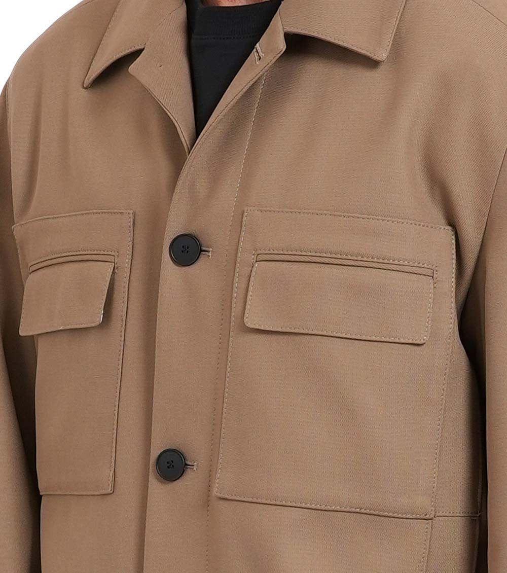 Beige Solid Shirt Collar Jacket 3