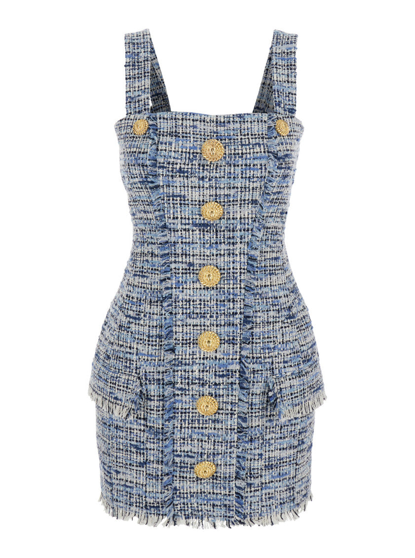 Blue Short Tweed Dress With Straps 1