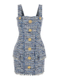 Blue Short Tweed Dress With Straps 1