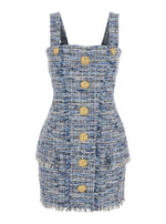 Blue Short Tweed Dress With Straps 1