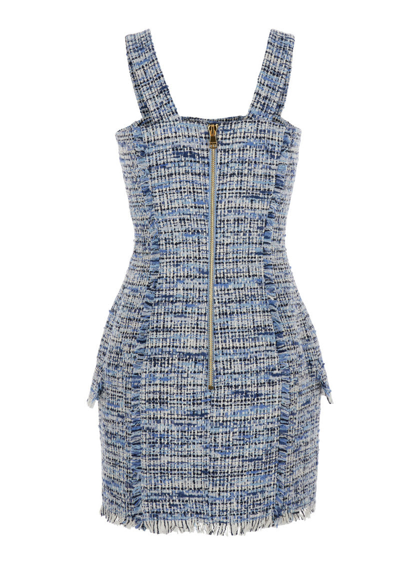 Blue Short Tweed Dress With Straps 2