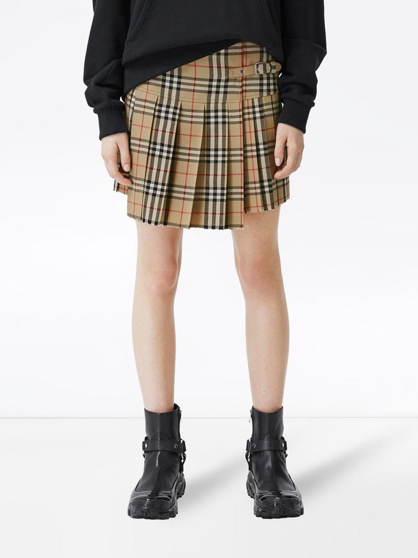 Beige Check Motif Wool Skirt 5