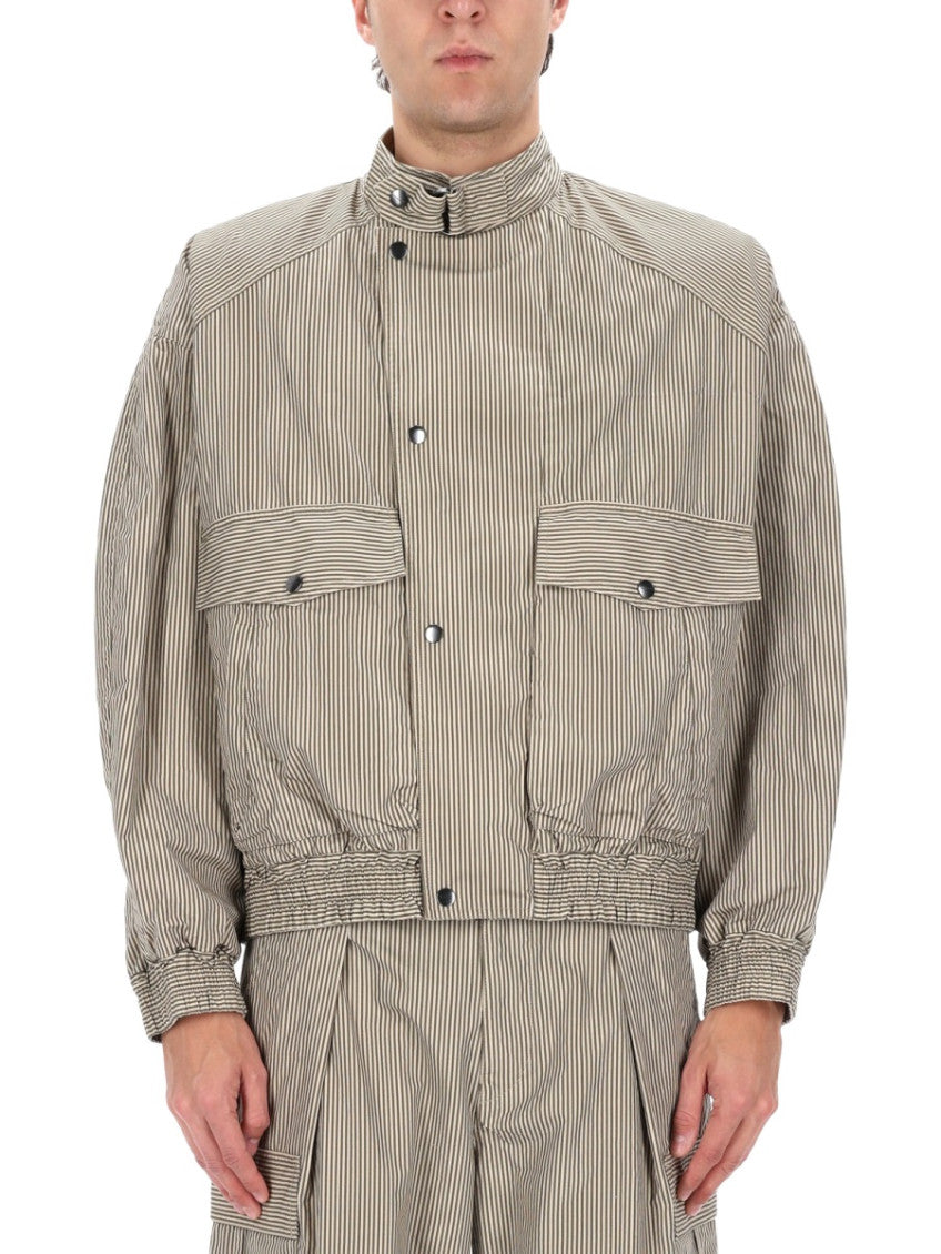Beige Stripes Band Collar Jacket 3